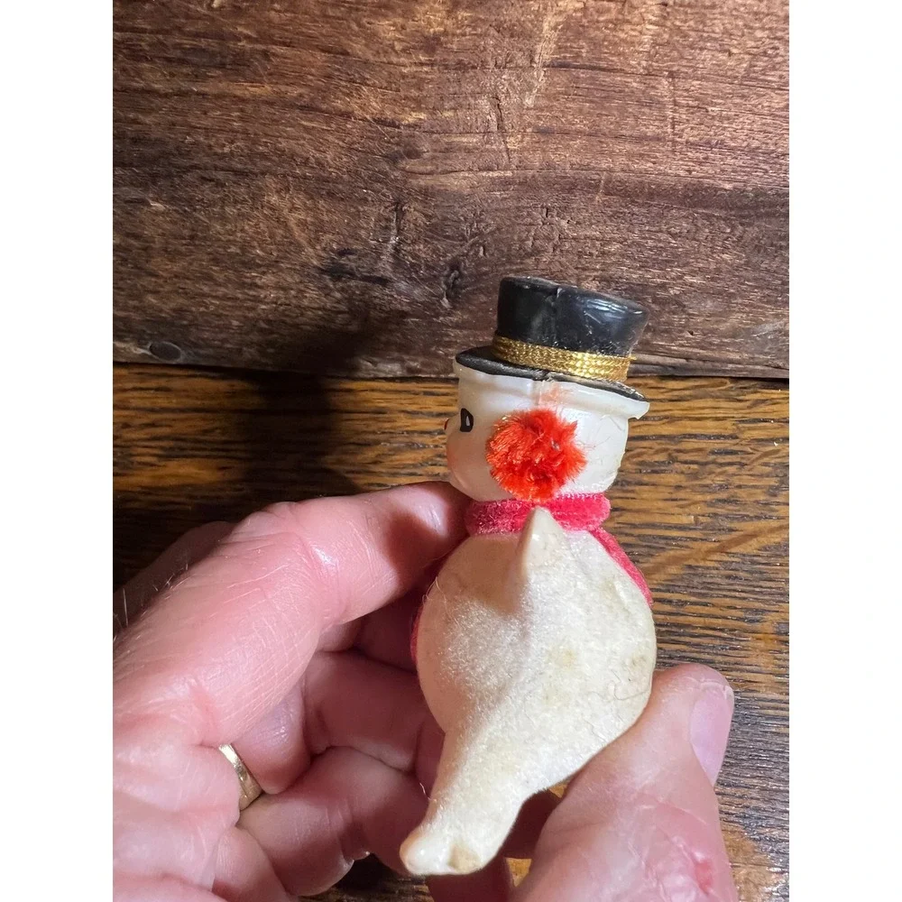 Vintage Flocked Snowman Figurine Mid Century Christmas Decor Top Hat Scarf 3